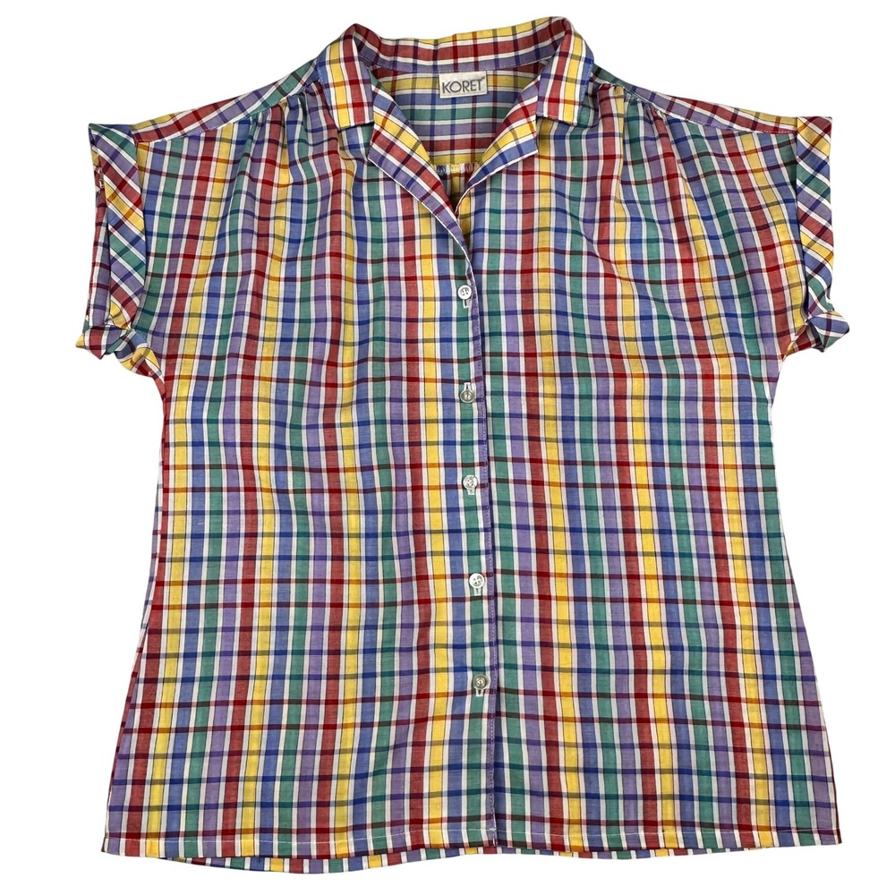 Vtg 70s Koret Rainbow Gingham Plaid Short Sleeve Button Down Shirt Multicolor